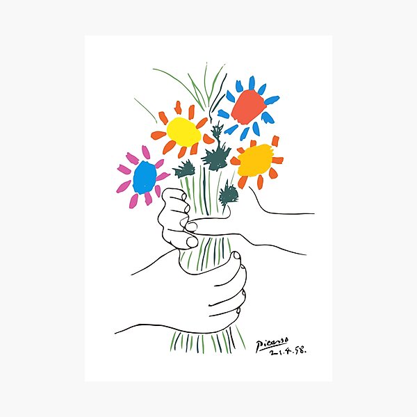 Pablo Picasso Line Art Hands Holding Colorful Flowers Naive Artwork Sketch Hand Drawn ink Silhouette HD High Quality Photographic Print