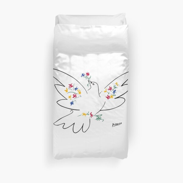Pablo Picasso Line Art Dove of Peace with Colorful Flowers Naive Artwork Sketch Hand Drawn ink Silhouette HD High Quality Duvet Cover