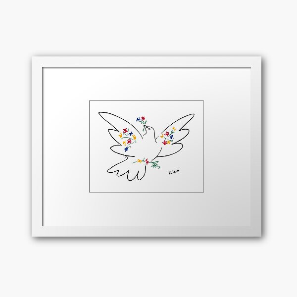 Pablo Picasso Line Art Dove of Peace with Colorful Flowers Naive Artwork Sketch Hand Drawn ink Silhouette HD High Quality Framed Art Print