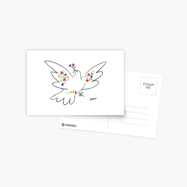 Pablo Picasso Line Art Dove of Peace with Colorful Flowers Naive Artwork Sketch Hand Drawn ink Silhouette HD High Quality Postcard