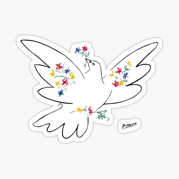 Pablo Picasso Line Art Dove of Peace with Colorful Flowers Naive Artwork Sketch Hand Drawn ink Silhouette HD High Quality Sticker