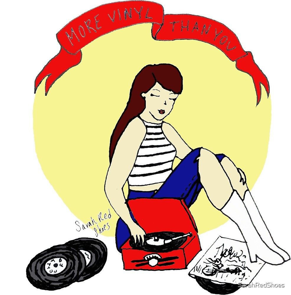 "Record Player Pinup Vinyl Girl" by SarahRedShoes Redbubble