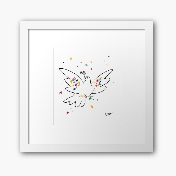 Pablo Picasso Line Art Friedenstaube mit bunten Blumen Naive Fan Art Muster Skizze Hand gezeichnete Tinte Silhouette HD High Quality Gerahmter Kunstdruck