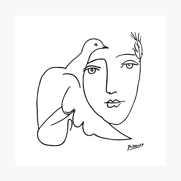 Pablo Picasso Line Art woman and peace dove Artwork Sketch black and white Hand Drawn ink Silhouette HD High Quality Photographic Print