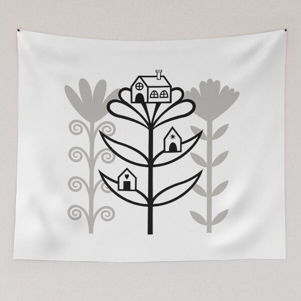 Item preview, Lovely Folktale Homes Sitting on Flowers Digital Illustration (black and light grey) designed and sold by wariana.