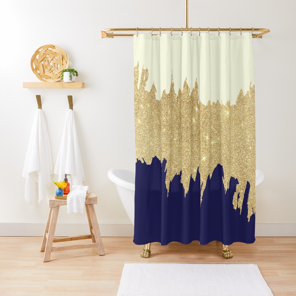 Navy Blue Ivory Faux Gold Glitter Brushstrokes Shower Curtain For