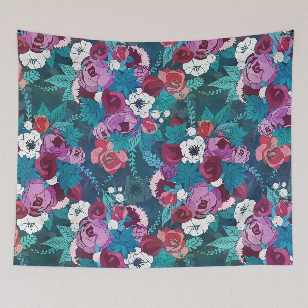 Item preview, Chintz Floral Bouquets // teal background teal succulents red roses designed and sold by SelmaCardoso.