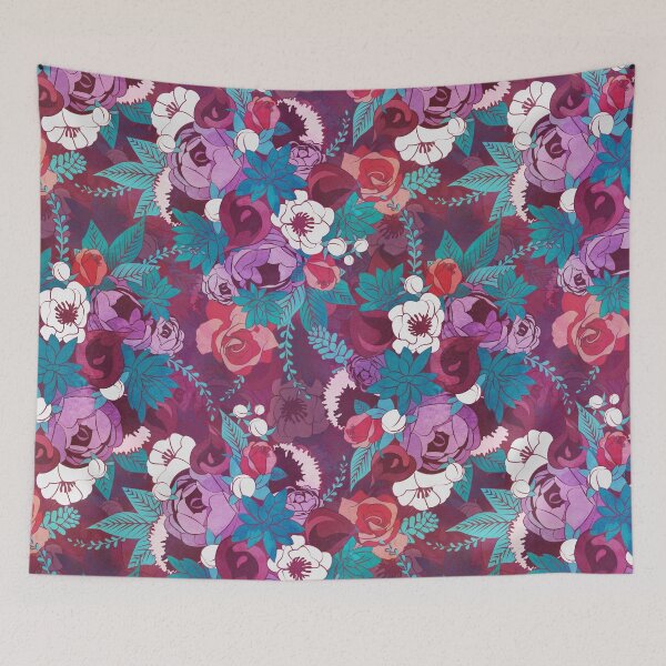 Item preview, Chintz Floral Bouquets // purple beet background teal succulents red roses designed and sold by SelmaCardoso.