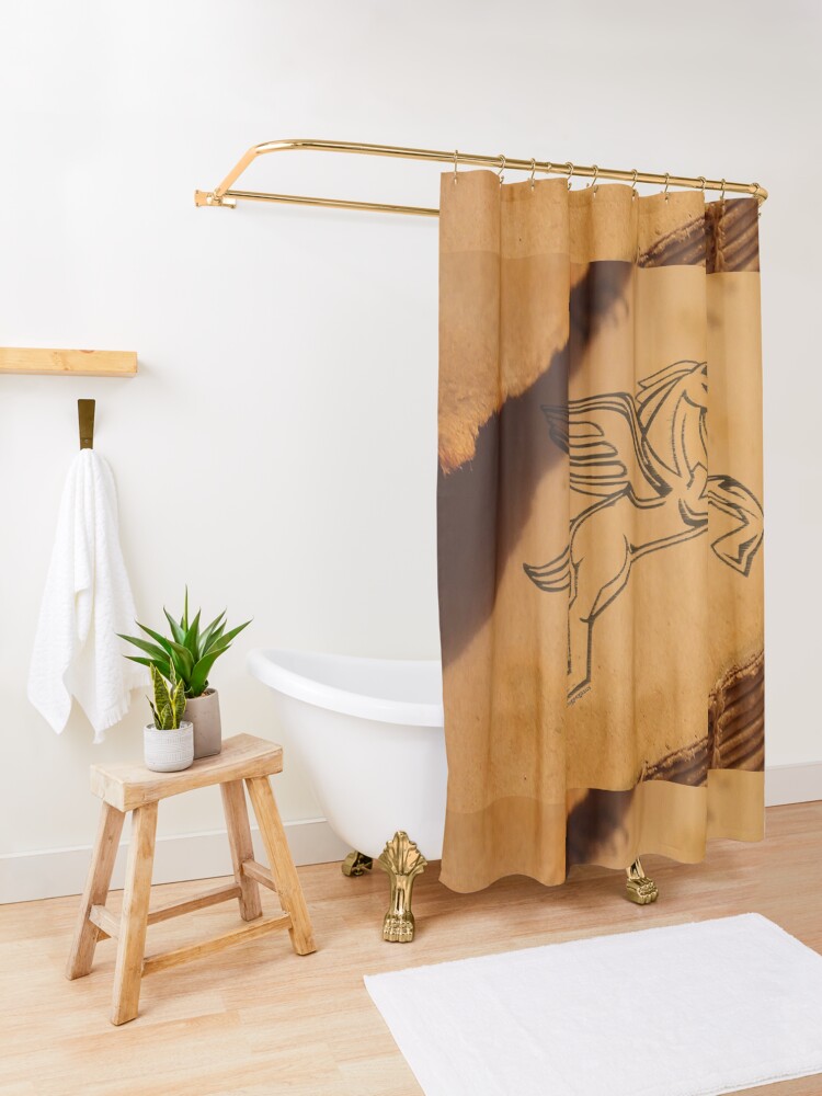 Alternate view of Chasing Pegasus Logo on Parchment Shower Curtain