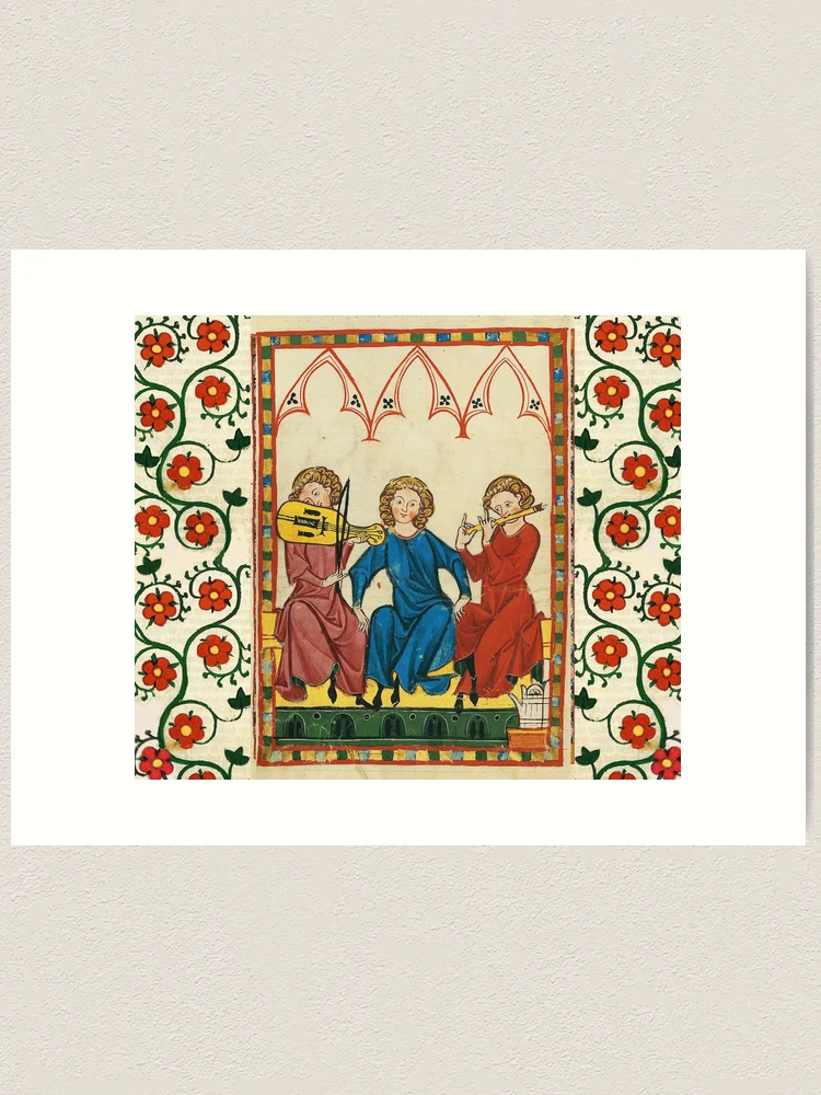 MEDIEVAL MUSIC AND MUSICIANS ,ANTIQUE MINIATURE WITH WILD ROSES