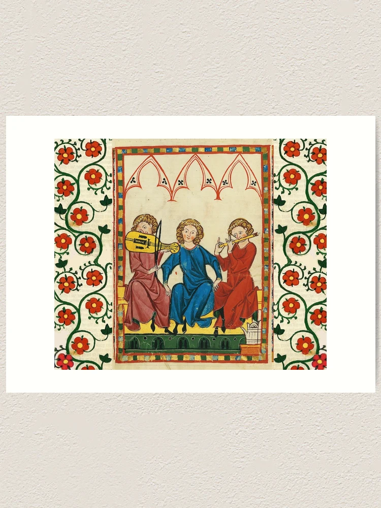 MEDIEVAL MUSIC AND MUSICIANS ,ANTIQUE MINIATURE WITH WILD ROSES