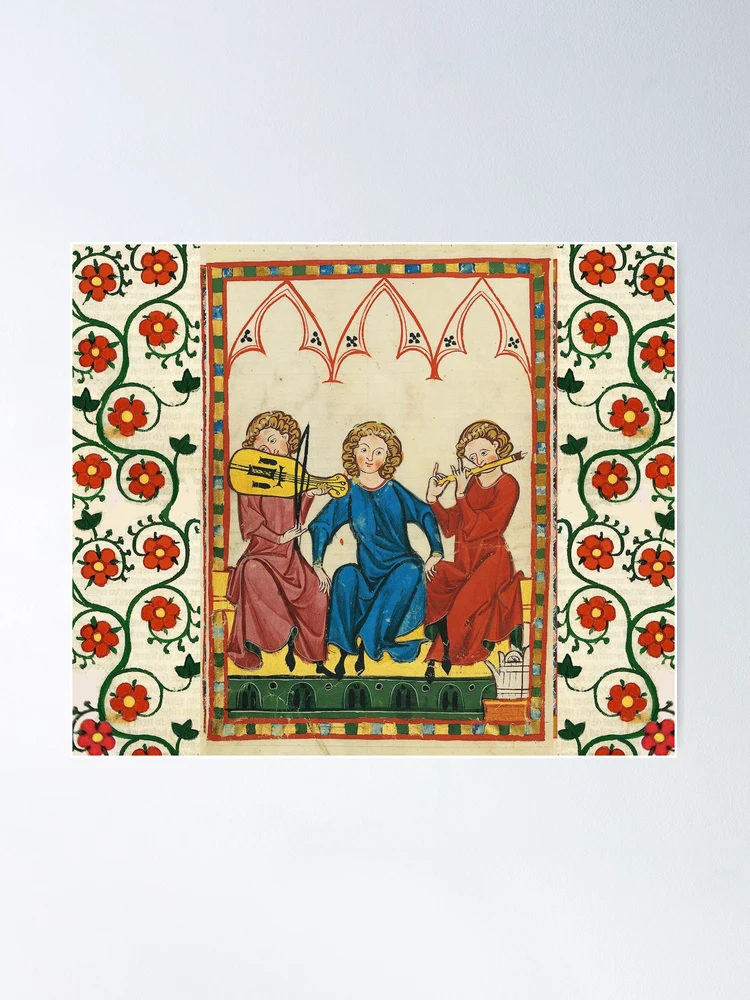 MEDIEVAL MUSIC AND MUSICIANS ,ANTIQUE MINIATURE WITH WILD ROSES