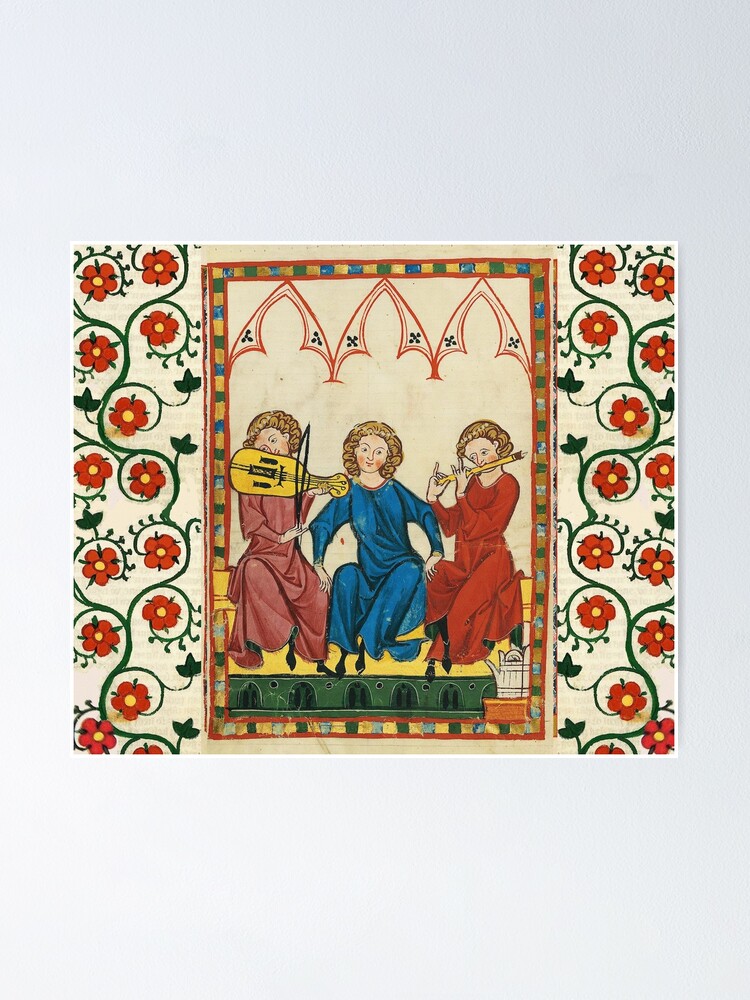 MEDIEVAL MUSIC AND MUSICIANS ,ANTIQUE MINIATURE WITH WILD ROSES