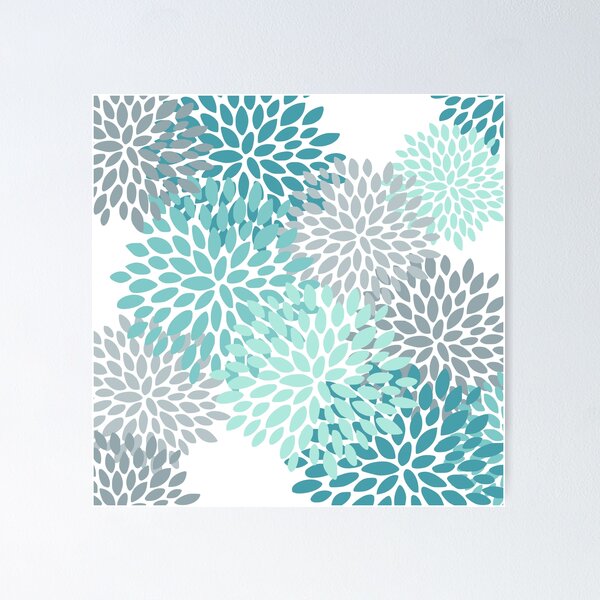 Aperçu de l'œuvre Motif floral, Aqua, Turquoise, Sarcelle, Gris créée et vendue par meggydesigns.
