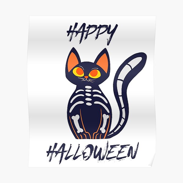 happy halloween scary blue cat Skeleton on white tees Poster