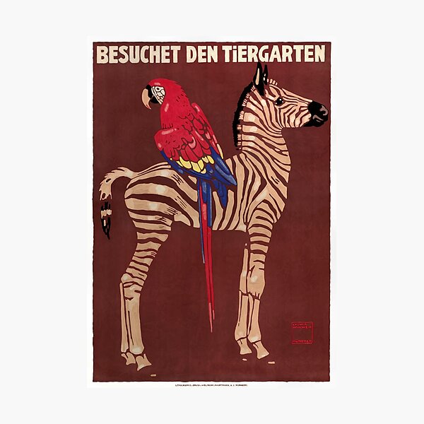 Item preview, 1912 Ludwig Hohlwein Visit The Zoo Zebra Macaw Poster designed and sold by retrographics.
