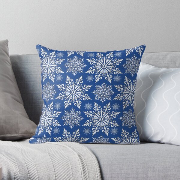 Holiday Snowflake Continuous Pattern #1 on Blue Background Throw Pillow