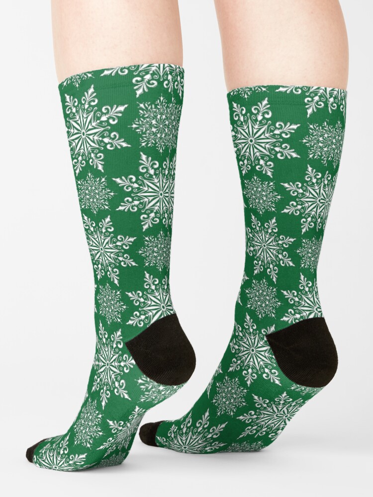 Alternate view of Holiday Snowflake Pattern #2 on Green Background Socks