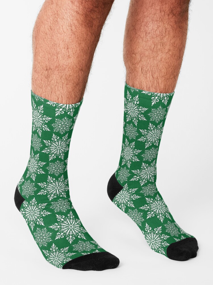 Alternate view of Holiday Snowflake Pattern #2 on Green Background Socks