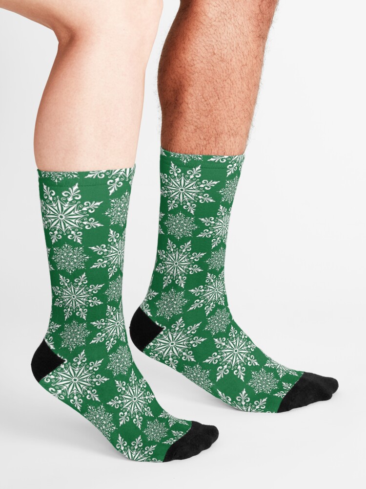 Alternate view of Holiday Snowflake Pattern #2 on Green Background Socks