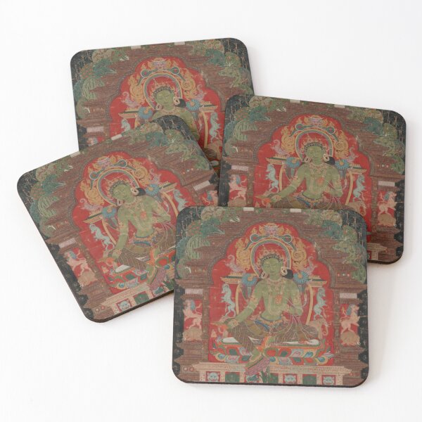 Green Tara (Khadiravani) is usually associated with protection from fear and the eight obscurations: pride, ignorance, hatred and anger,  jealousy, bandits and thieves and so on.  Coasters (Set of 4)