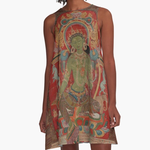 Green Tara (Khadiravani) is usually associated with protection from fear and the eight obscurations: pride, ignorance, hatred and anger,  jealousy, bandits and thieves and so on.  A-Line Dress