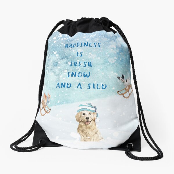 Happiness is, winter decor, winter dogs Drawstring Bag