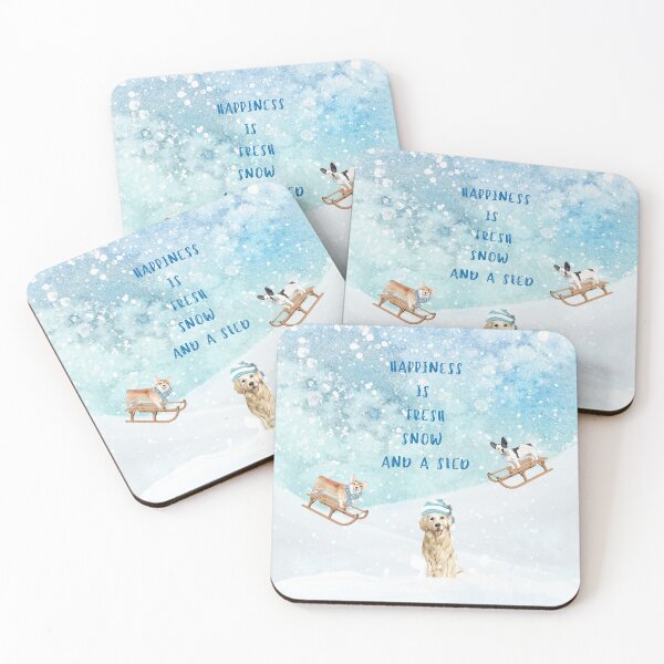 Happiness is, winter decor, winter dogs Coasters (Set of 4)
