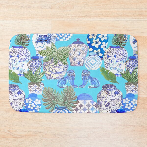 Item preview, ginger jars and palms or plants with foo dogs on teal  designed and sold by MagentaRose.