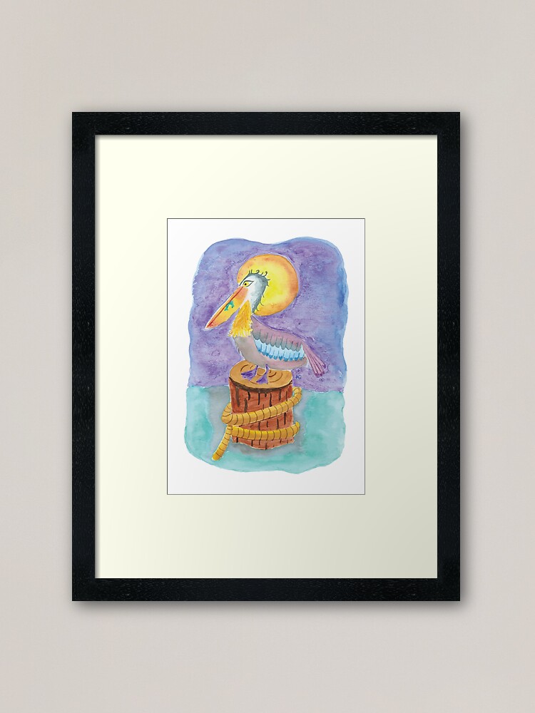 Alternate view of Watercolor pelican on a piling Framed Art Print