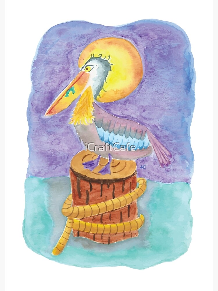 Watercolor pelican on a piling by iCraftCafe