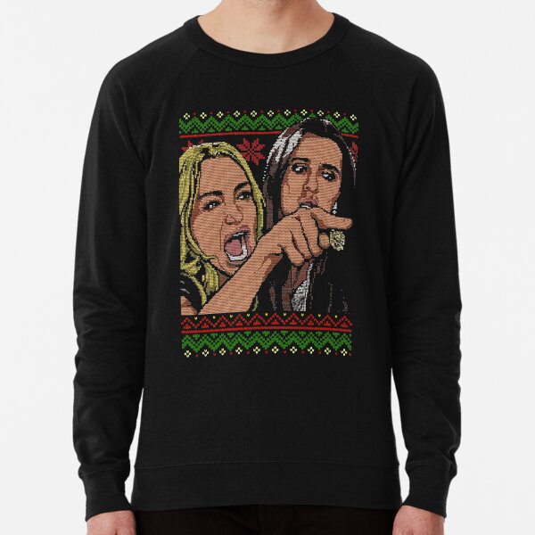 Vista previa del artículo con la obra «Mujer gritándole al gato meme - Ugly Sweater», diseñado y vendido por PotatoGear.