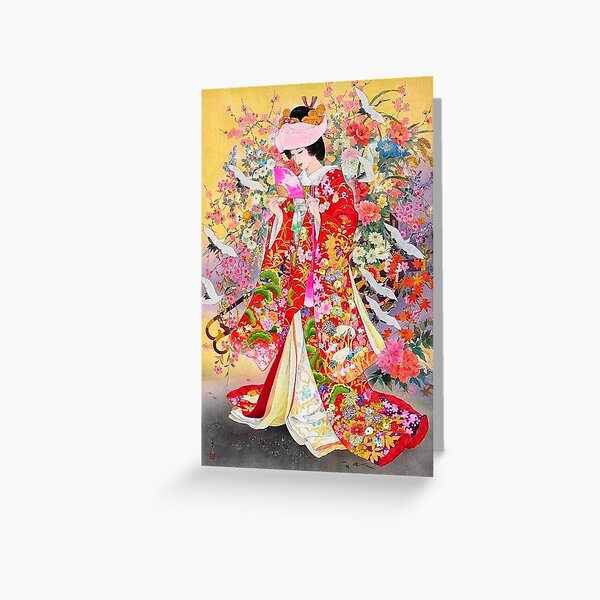 #Kimono, #flower, #geisha, #art, costume, dress, decoration, celebration, fashion, painting Greeting Card