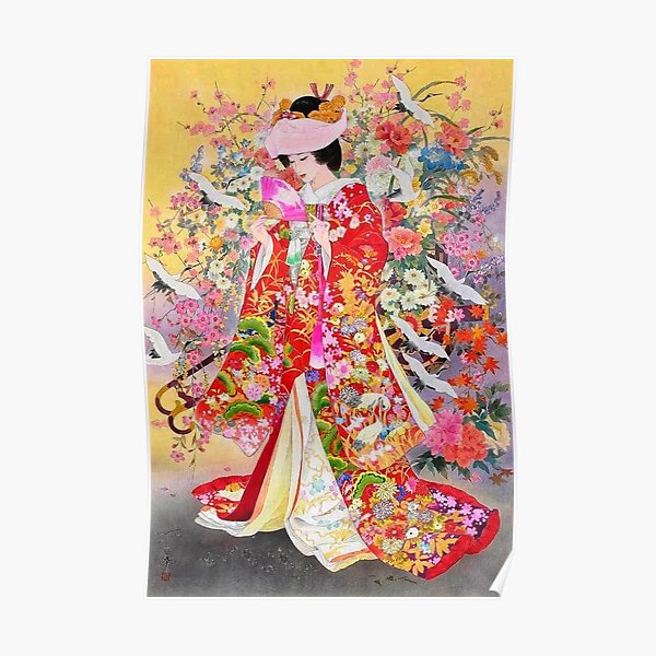 #Kimono, #flower, #geisha, #art, costume, dress, decoration, celebration, fashion, painting Poster