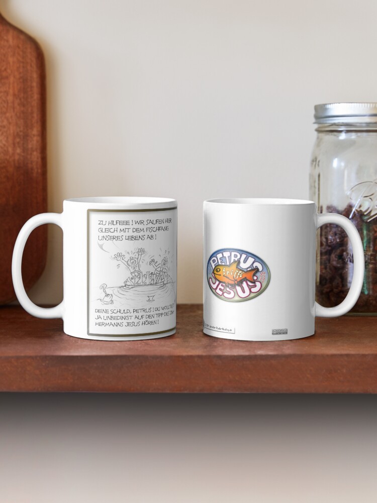 Alternative Ansicht von Petrus trifft Jesus - Cartoon-Design - Zu Hilfe ! Tasse