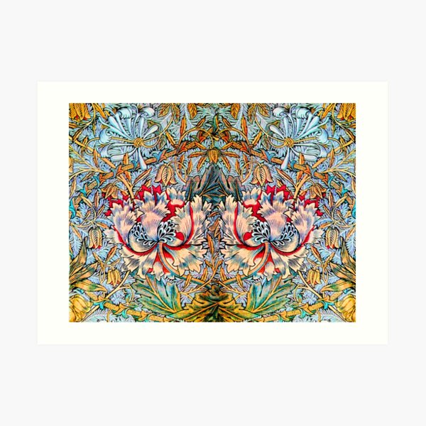 PINK HONEYSUCKLES AND ANEMONE FLOWERS , YELLOW BLUE FLORAL Art Print