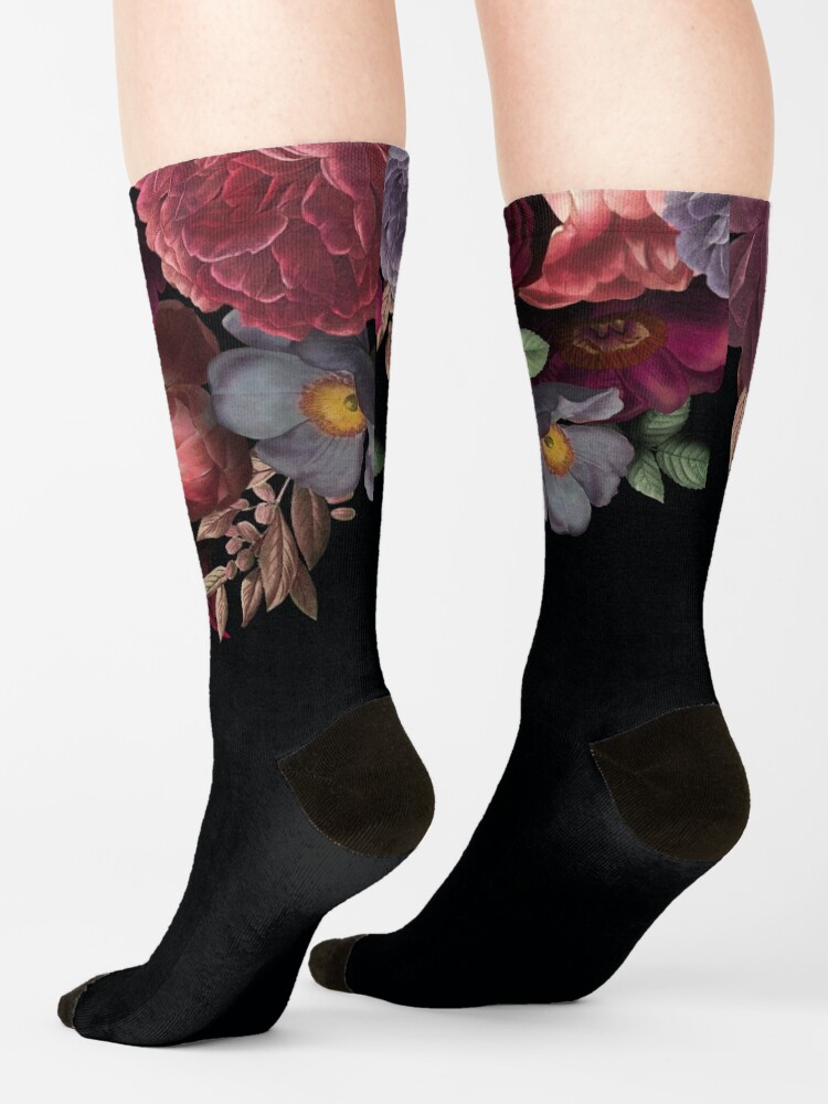 Alternate view of Antique Botanical Night Watercolor Roses on Black Socks
