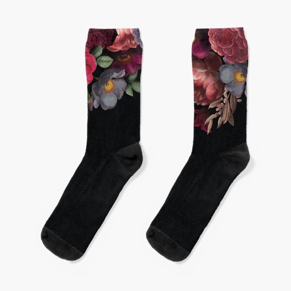 Antique Botanical Night Watercolor Roses on Black Socks