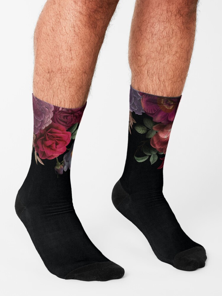 Alternate view of Antique Botanical Night Watercolor Roses on Black Socks
