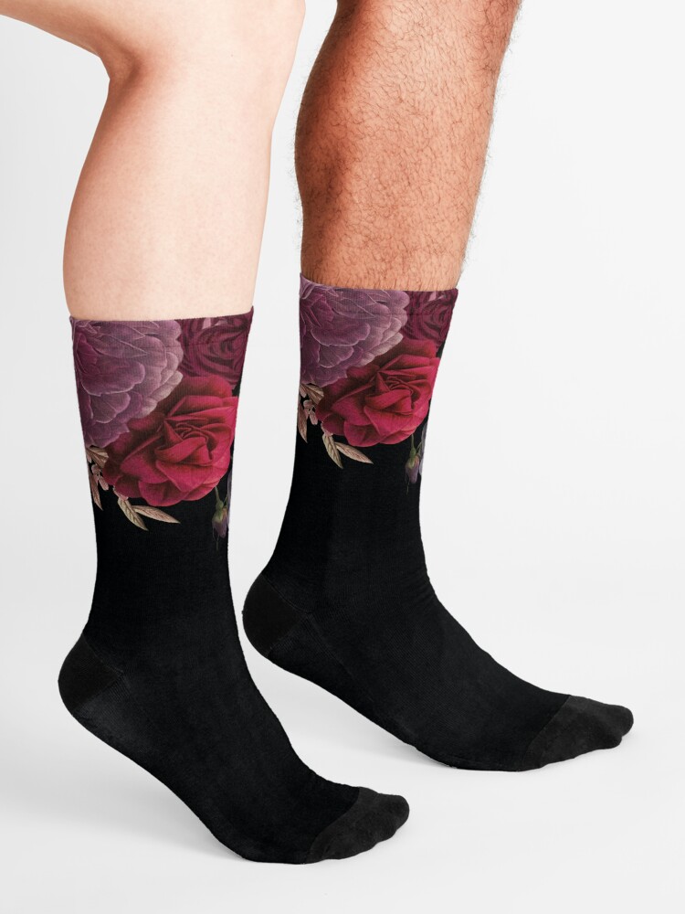 Alternate view of Antique Botanical Night Watercolor Roses on Black Socks