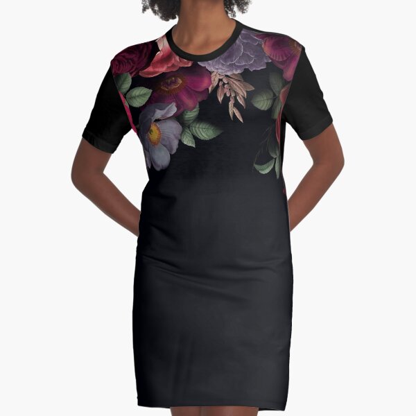 Antique Botanical Night Watercolor Roses on Black Graphic T-Shirt Dress
