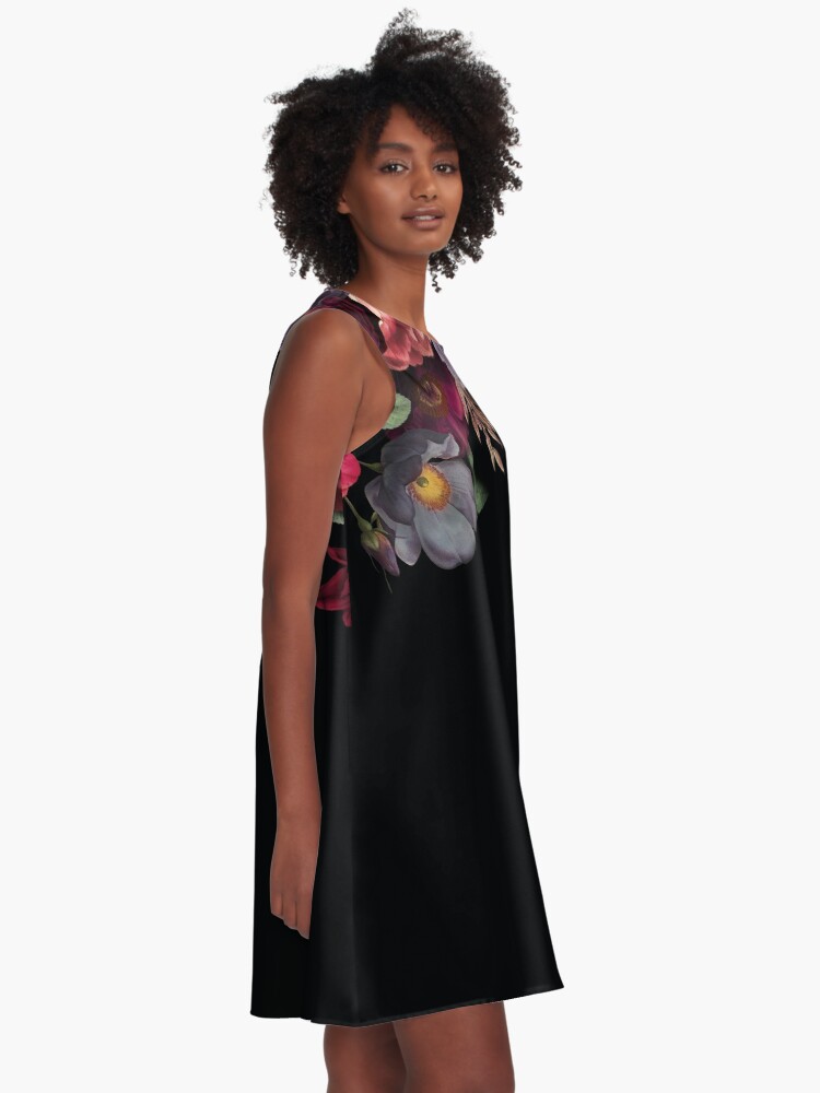 Alternate view of Antique Botanical Night Watercolor Roses on Black A-Line Dress