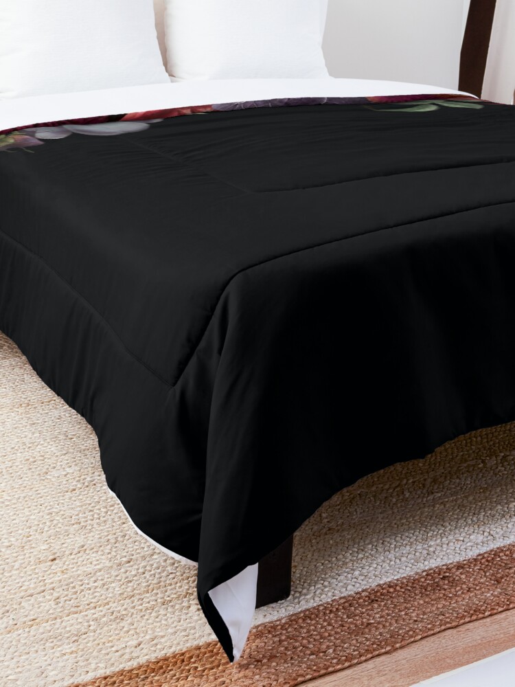 Alternate view of Antique Botanical Night Watercolor Roses on Black Comforter