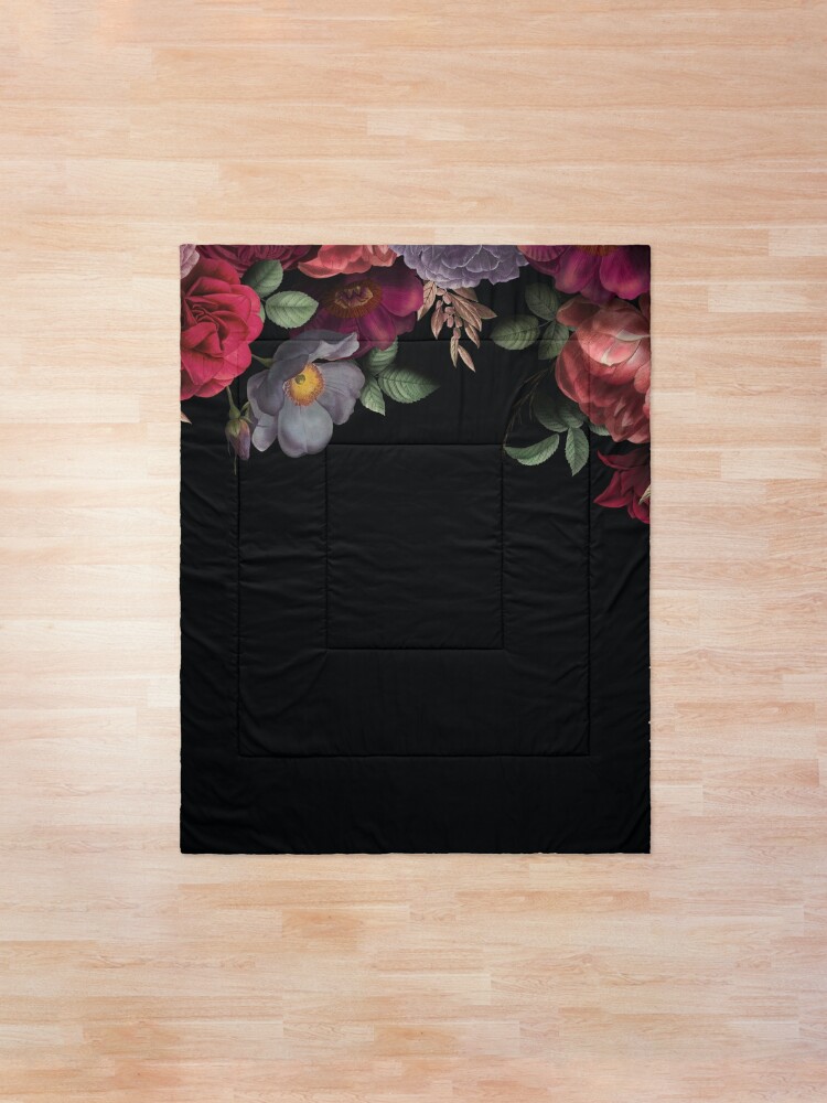 Alternate view of Antique Botanical Night Watercolor Roses on Black Comforter