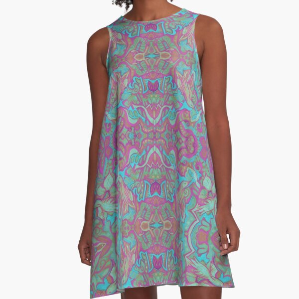 Birds Arabesque, Bohemian Pattern, Pink Turquoise A-Line Dress
