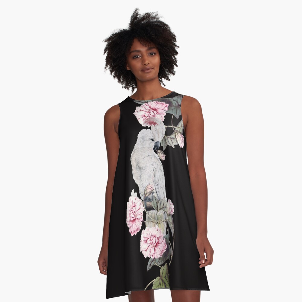 Nostalgic white cockatoo in flowering branch A-Line Dress