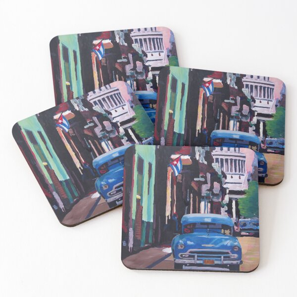 Cuban Oldtimer Street Scene in Havana Cuba with Buena Vista Feeling Coasters (Set of 4)