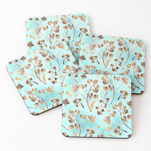 Item preview, Hand-painted watercolor loose floral chintz in gold, blue, brown and turquoise as a seamless surface pattern design designed and sold by Marlene Wagenhofer.