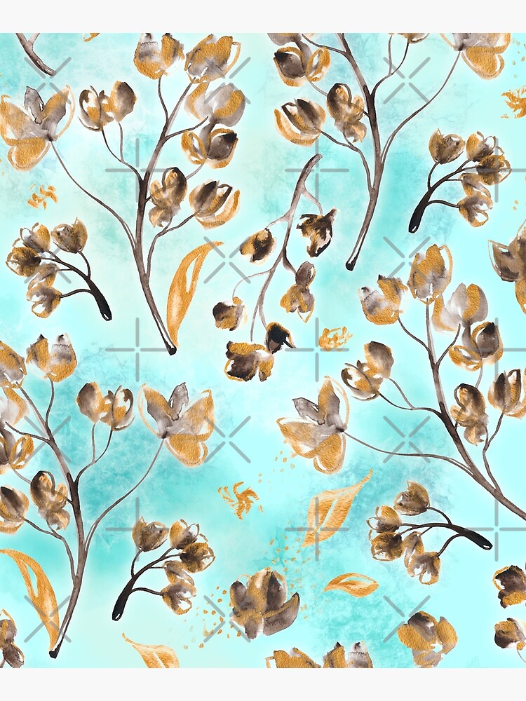 Hand-painted watercolor loose floral chintz in gold, blue, brown and turquoise as a seamless surface pattern design by nobelbunt