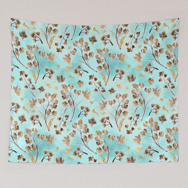 Item preview, Hand-painted watercolor loose floral chintz in gold, blue, brown and turquoise as a seamless surface pattern design designed and sold by Marlene Wagenhofer.